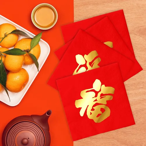 Vista 3 de Decoraciones de Año Nuevo chino-Chino Fu Carácter Oro Foil Servilletas Festival de Primavera Servilletas de papel rojo para suministros de fiesta