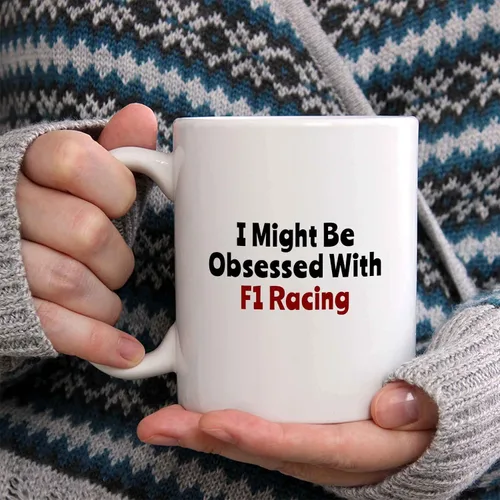 Vista 2 de Taza de café con texto en inglés "I Might Be Obsessed With F1 Racing", divertido regalo de carreras de autos de carreras, taza de cerámica, regalo