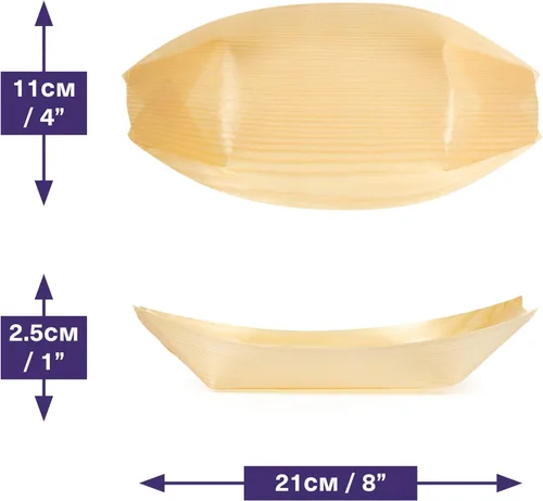 Vista 2 de MATANA Platos de bambú grandes desechables de 8.3" pulgadas, paquete de 100 - Bandeja de servicio biodegradable tipo barco para sushi, platos