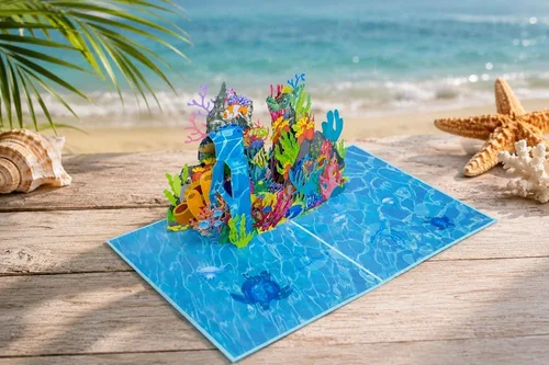 Vista 2 de ETA Tarjeta desplegable 3D Ocean World, tarjeta de cumpleaños de arrecifes de coral para entusiastas del buceo, regalo del día del padre, H08