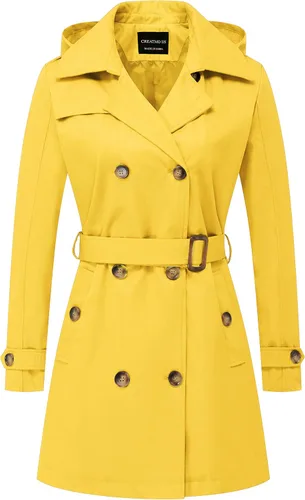 Vista 18 de CREATMO US Gabardina para mujer con doble botonadura clásica con solapa, con cinturón y capucha desmontable Albaricoque