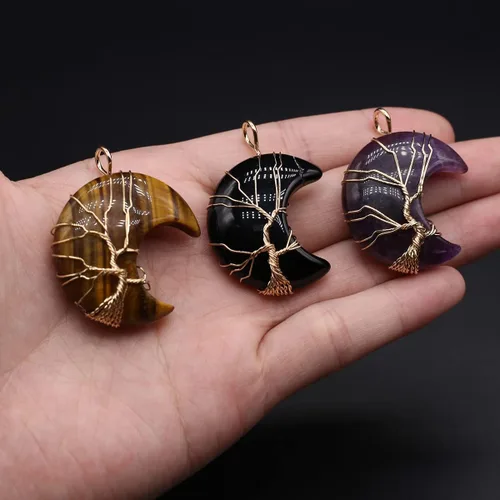 Vista 6 de 4 colgantes de piedra natural, forma de luna, chakra, cristal, ágata, alambre de piedra, tejer, diseño de árbol de la vida para hacer joyas