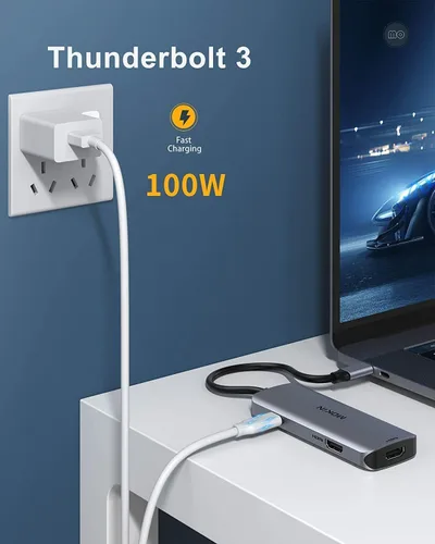 Vista 5 de Estación de acoplamiento USB C a adaptador HDMI dual, MOKiN USB C Hub Dual HDMI Monitores para Windows, adaptador USB C con HDMI dual, 3 puertos