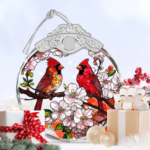 Vista 6 de Adornos de Navidad – Pájaros Cardenales y Flores Ornamento de Vidrio Emplomado – Decoración Navideña – Adornos para Árbol de Navidad – Regalos