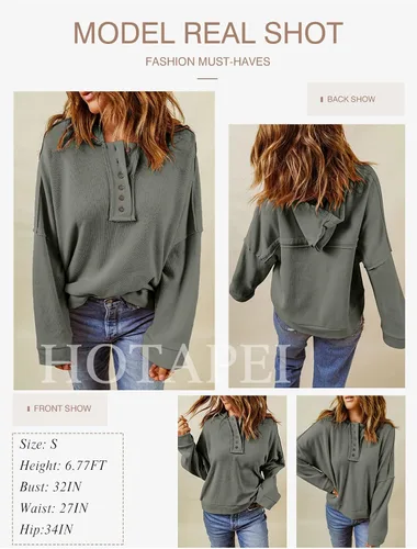 Vista 3 de HOTAPEI Sudadera corta con capucha y cuello en V para mujer, estilo casual, con botones, manga larga