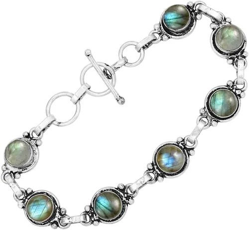 Vista 44 de Round Shape Natural & Synthetic Gemstones Silver Plated Bracelets for Women - Vintage Bohemian Style Handmade Birthstone Adjustable Link Bracelet