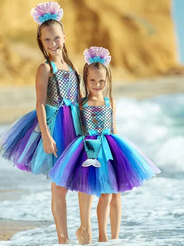 Vista 5 de Mermaid Birthday Outfits Mermaid Dress with Headband for Girls Mermaid Costume Tutu Skirt with Bag for Little Girls