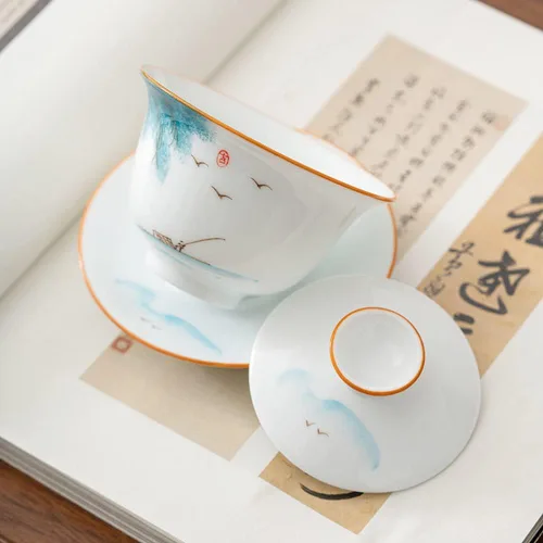 Vista 5 de Emoyi Juego de tazas de té River Pattern Porcelana Gaiwan Kungfu Tazón de té con tapa y platillo 4.1 fl oz