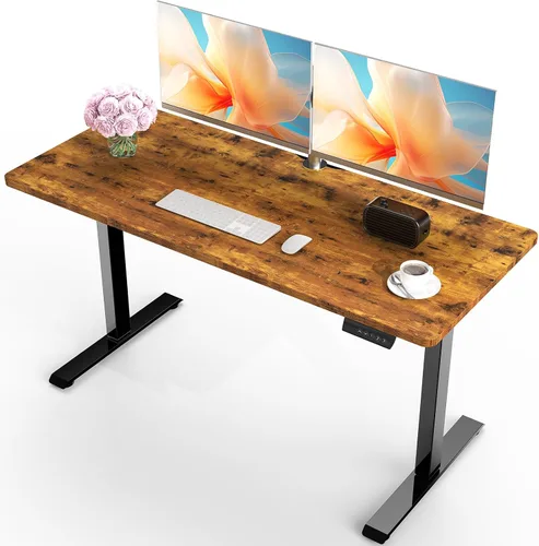 Vista 14 de Veken Escritorio de pie de 47.2 pulgadas, escritorio de oficina de altura ajustable con superficie de madera, mesa de computadora para trabajo