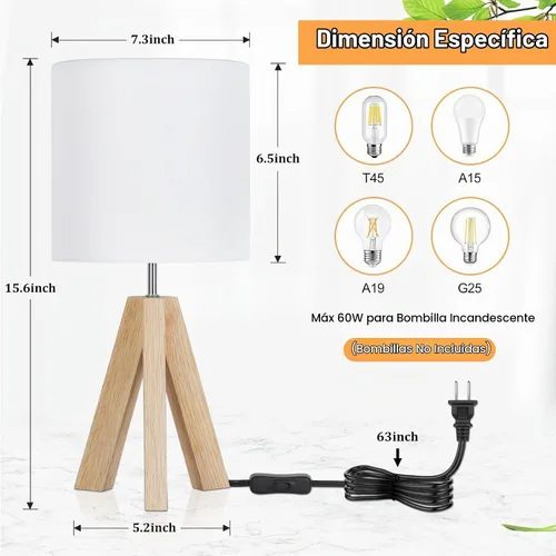 Vista 4 de Brightever - Lámpara de mesa pequeña con trípode de madera con pantalla de tela blanca, bonita mesita de noche bohemia minimalista lámpara