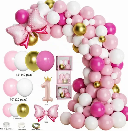 Vista 3 de Decoraciones de primer cumpleaños para niña, suministros para fiesta de primer cumpleaños Includes Pink Gold Balloons Garland Arch Kit, Balloon