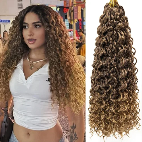 Vista 27 de GoGo Curl Crochet Hair 18 pulgadas onda de agua pelo sintético bohemio ganchillo trenzado jengibre onda profunda extensiones de cabello trenzado