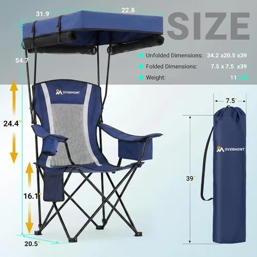 Vista 2 de Overmont Camping Chair with Canopy - Folding Chair with Adjustable Sunshade Full Sun Protection, Reinforced 600D Fabric, Cup Holder, Portable for