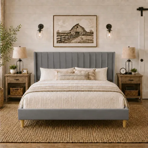 Vista 25 de Upholstered Bed Frame with Wingback Headboard and Wood Slats (Beige-Linen, Twin)