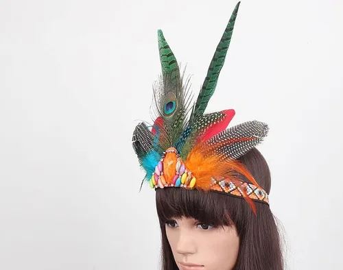 Vista 2 de Tocado hippie de plumas de pavo real indio para mujer, disfraz de Halloween, carnaval, fiesta de lujo