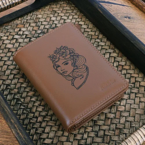 Vista 5 de Billetera de cuero RFID personalizada pintada a mano sección vertical de gran capacidad con cremallera monedero tarjetero titular, Café-Queen