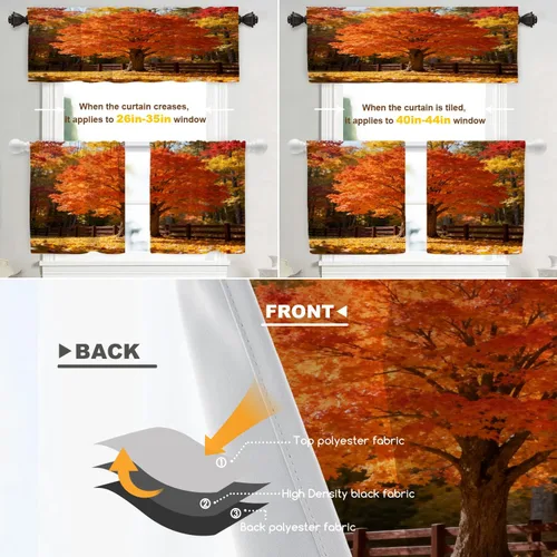 Vista 3 de Shrahala Orange Autumn Autumn Blackout Curtain Tiers, Fall Kitchen Valance Light Blocking Tier Drapes with Rod Pocket, 2 Pack 26 X 24 in