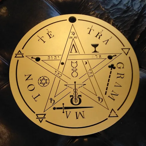 Vista 7 de Pentagrama de madera hecho a mano de 12 pulgadas con tetragrama grande y símbolos elementales, estrella empoderadora con nombres de Dios