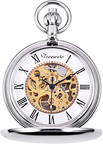 Vista 8 de TREEWETO Reloj de bolsillo mecánico de dragón antiguo con cadena Negro