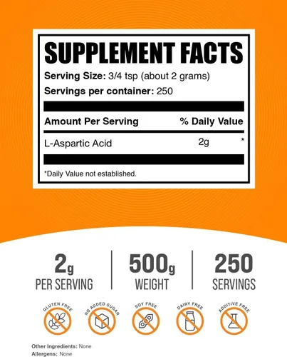 Vista 2 de BulkSupplements. com Polvo de ácido L-aspártico, suplemento de ácido aspártico, suplemento de aminoácidos, sin gluten, 0.07 oz por porción, 17.64 oz