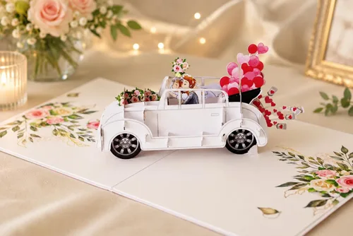 Vista 4 de ETA Tarjeta de boda desplegable 3D – Coche "Just Married" con novia y novio Tarjeta de felicitación hecha a mano, boda, compromiso, aniversario W08