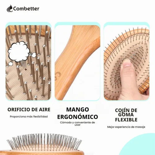 Vista 2 de Cepillo de pelo Combetter de bambú, para alisar el cabello y masajear el cuero cabelludo, cepillo desenredante antiestático, cepillo de madera