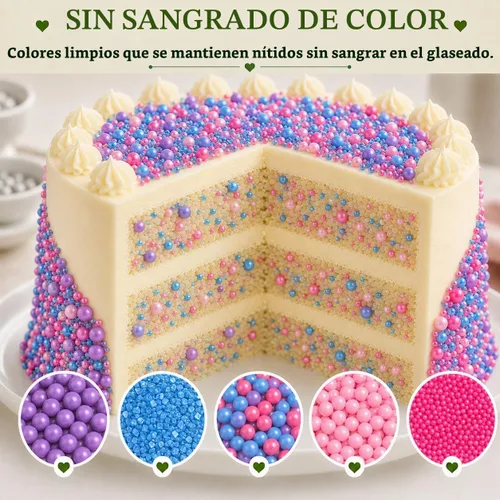 Vista 5 de Confect Gránulos decorativos para tartas Mezcla de grageas rosa intenso, rosa bebé y morado Azúcar brillante azul profundo Gránulos
