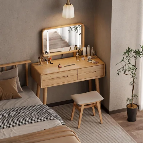 Vista 10 de Tocador de madera maciza con espejo y luces, brillo ajustable, tocador de maquillaje de madera con 3 cajones, semiensamblado, escritorio de tocador
