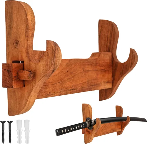 Vista 11 de Mythrojan Soporte de espada medieval de madera maciza horizontal para katana, samurái, gladiador, espadas cruzadas, soporte de mesa elegante, 1 nivel