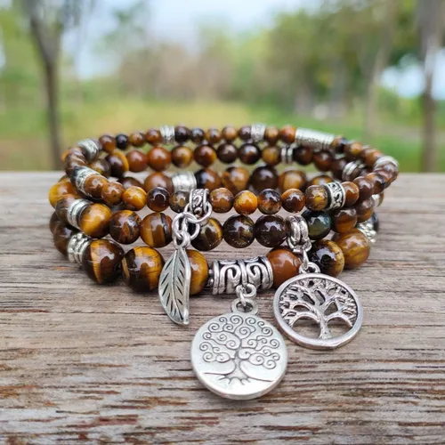 Vista 2 de YGLINE Pulseras de piedra curativa de yoga del árbol de la vida, juego de pulseras de reiki de piedra de chakra de loto multicapa, piedra natural
