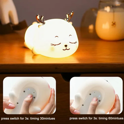 Vista 5 de Aolyty Luz nocturna para niños, lindo ciervo, de silicona, lámpara para niños pequeños, recargable por USB, luz nocturna con función de temporizador