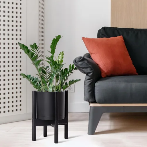 Vista 4 de Maceta de D'vine Dev con soporte - Maceta de flores de cilindro de plástico de 8.0 pulgadas con soporte de madera para interiores, maceta mate negra