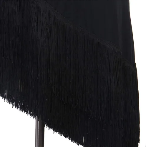Vista 8 de Vestidos de baile latino con flecos para mujer, disfraces de competencia de cha cha, vestido de baile de baile, traje de baile de tango, negro, S