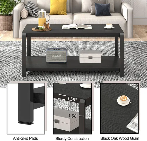 Vista 6 de EXCEFUR Mesa de café negra, mesa central moderna de madera rústica para sala de estar, mesa de té industrial rectangular de cóctel con estante