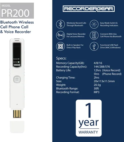 Vista 4 de Dispositivo RecorderGear PR200 de grabación de llamadas de teléfonos celulares iPhone y Android por Bluetooth