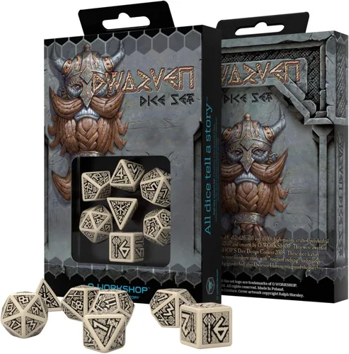 Vista 2 de Q-Workshop - Juego de dados de RPG poliédricos adornados beige y negro