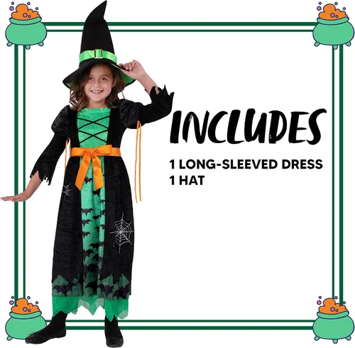Vista 5 de Spooktacular Creations Disfraz de bruja verde para niñas disfraz de murciélago de bruja de cuento de hadas con sombrero disfraz de bruja malvada