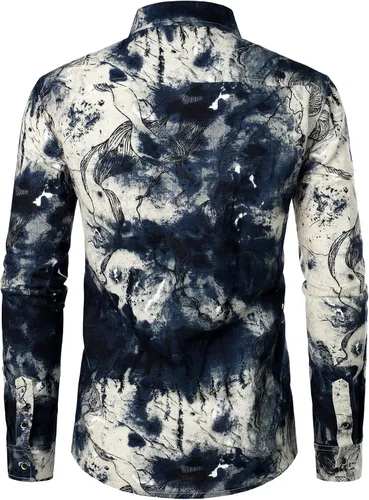 Vista 3 de LucMatton Camisa de algodón y lino elegante y floral de manga larga con botones para hombre