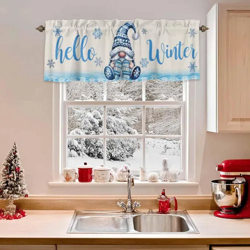 Vista 2 de Cenefa de Navidad para ventanas, cenefas de gnomo, cenefas de invierno con bolsillo para barra, tratamientos de ventana, diseño de copo de nieve