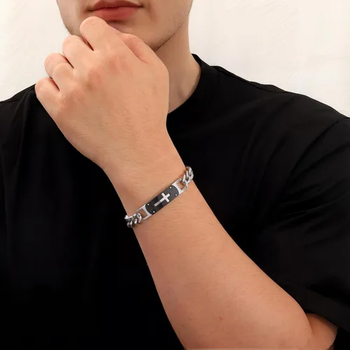Vista 3 de Pulsera de cruz para hombres y niños, pulsera de cadena de cruz cubana de acero inoxidable, versículo de la Biblia, regalo de joyería cristiana