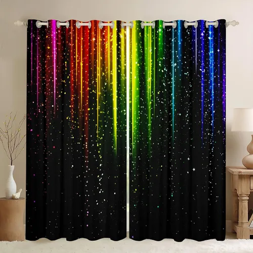 Vista 9 de Cortinas opacas negras de panal de abeja con luces de neón azul real, tratamientos de ventana con estampado geométrico hexagonal, decoración