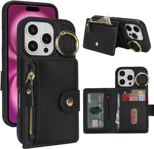 Vista 76 de Funda para iPhone 14 Plus con tarjetero, color negro Funda con cremallera y ranura para mujer y hombre