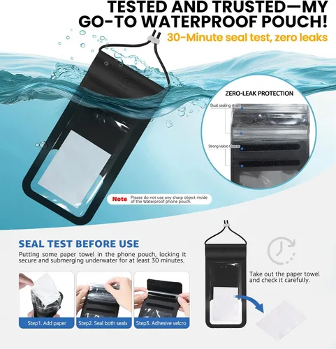 Vista 5 de HiRui Funda impermeable universal para teléfono con pantalla táctil, IP68 impermeable, bolsa seca para playa, compatible con iPhone Negro