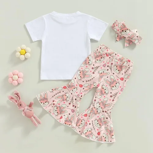 Vista 3 de Conjunto de ropa de verano con estampado de letras, sudadera con estampado de conejo, pantalones acampanados con diadema