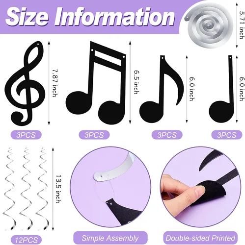 Vista 2 de 24 piezas de registro de notas musicales colgantes, registro de remolinos y música, letrero de decoración de pared con remolinos colgantes