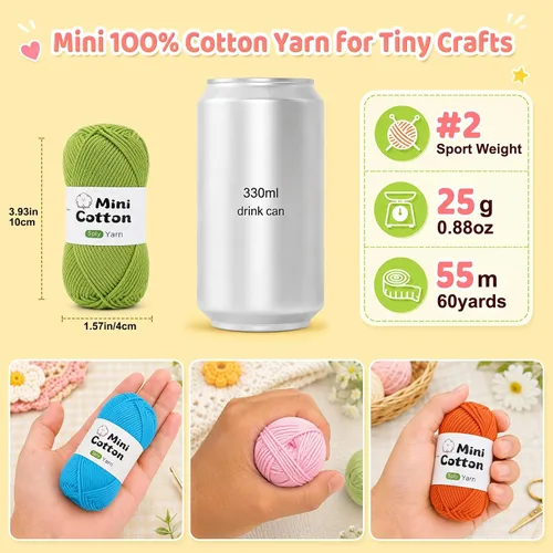 Vista 2 de Katech 20 Mini 1OO% Cotton Yarn for Crocheting, Twisted Sport Weight Yarn 20*25g(B)