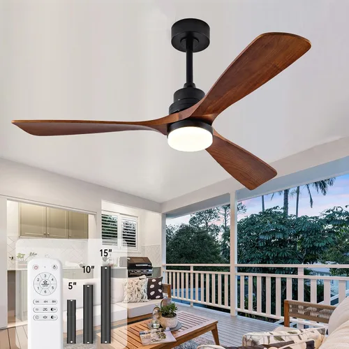 Vista 9 de Ventilador de techo de madera natural de 42 pulgadas con luces y control remoto, ventilador de 3 aspas para exteriores/interiores para patio y sala