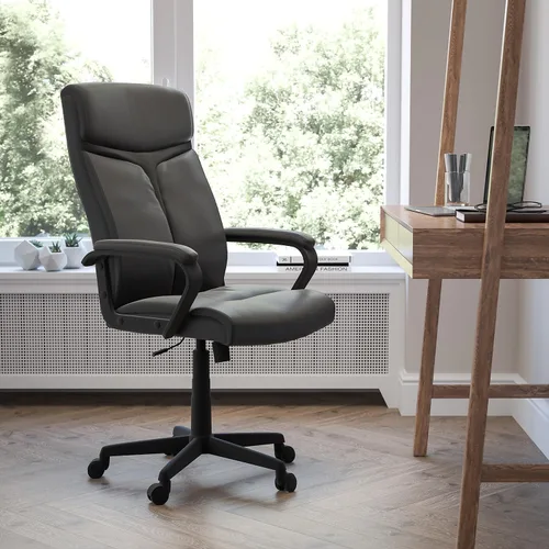 Vista 2 de Flash Furniture Raya - Silla de oficina giratoria ejecutiva de LeatherSoft con respaldo alto y brazos de malla ligera