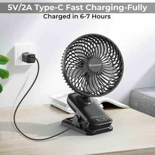 Vista 7 de Ventilador con clip de 10000 mAh, 42 h de duración, ventilador de mesa silencioso y oscilante automático, recargable con 4 velocidades potentes