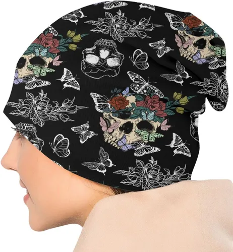 Vista 2 de Gorro de punto con diseño de calavera de azúcar y flores, para adultos, cálido, holgado, regalo para hombres y mujeres